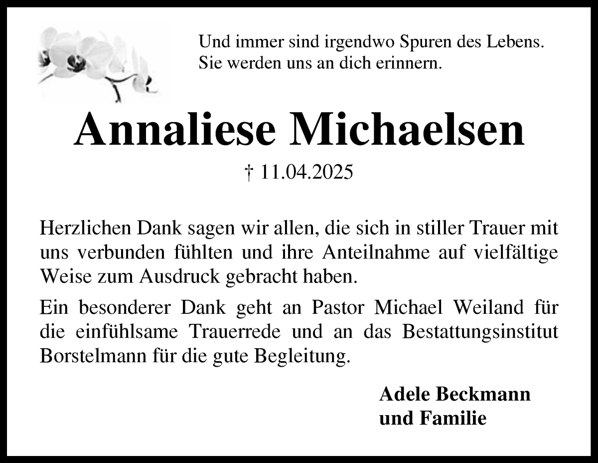 Traueranzeige von Annaliese Michaelsen von Achimer Kurier/Verdener Nachrichten