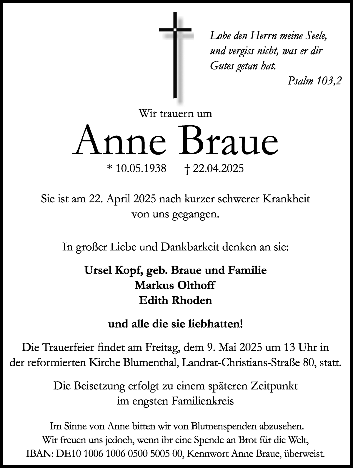 Traueranzeige von Anne Braue von Die Norddeutsche