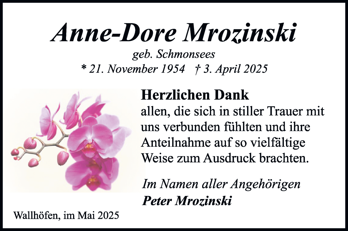 Traueranzeige von Anne-Dore Mrozinski   von Osterholzer Kreisblatt