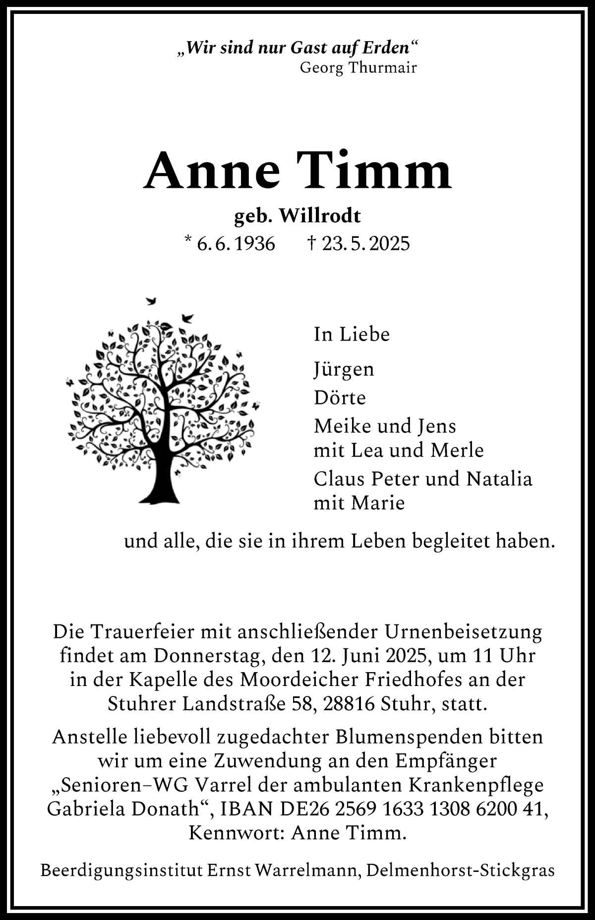 Traueranzeige von Anne Timm von Regionale Rundschau/Syker Kurier