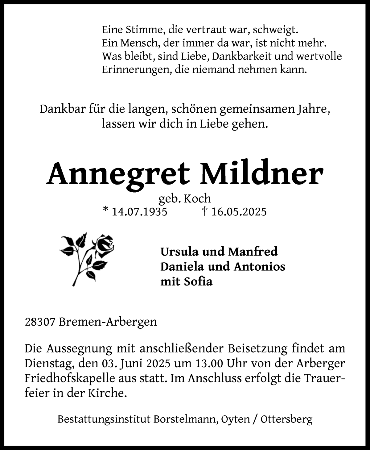 Traueranzeige von Annegret Mildner von WESER-KURIER