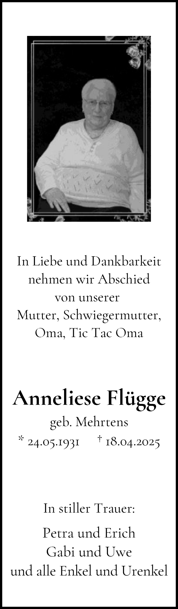 Traueranzeige von Anneliese Flügge von WESER-KURIER