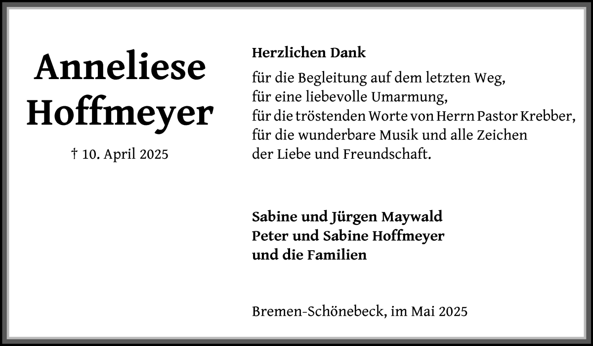 Traueranzeige von Anneliese Hoffmeyer von Die Norddeutsche