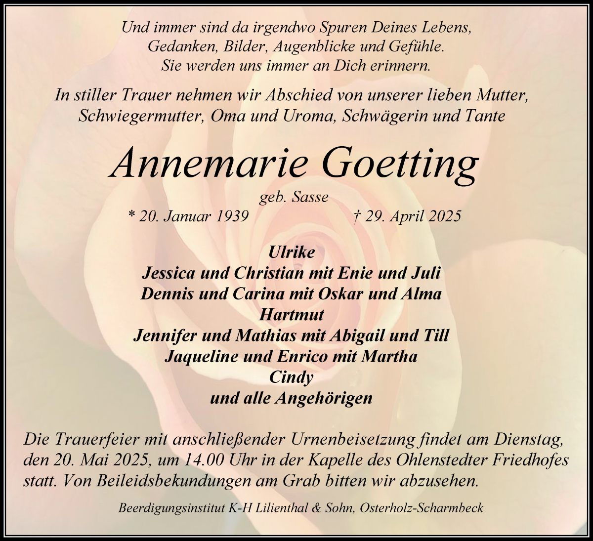 Traueranzeige von Annemarie Goetting von Osterholzer Kreisblatt