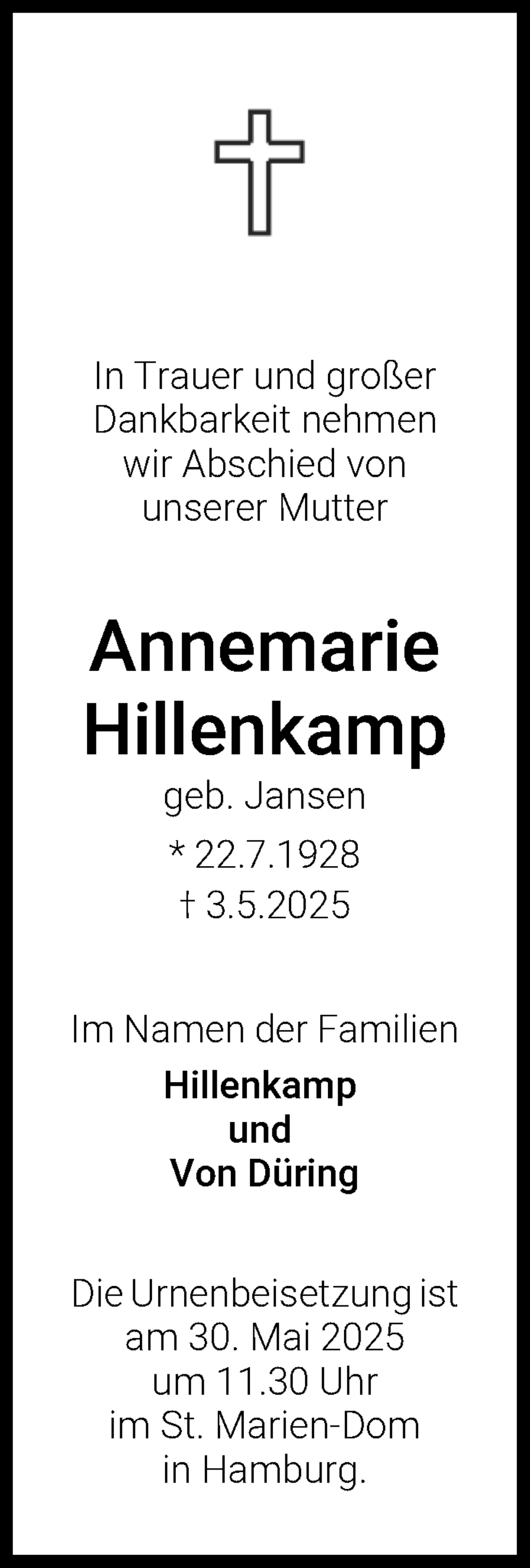 Traueranzeige von Annemarie Hillenkamp von WESER-KURIER
