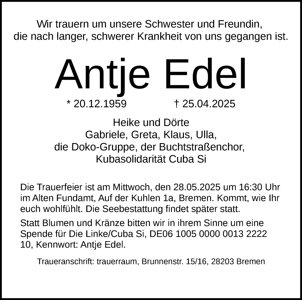Traueranzeige von Antje Edel von WESER-KURIER