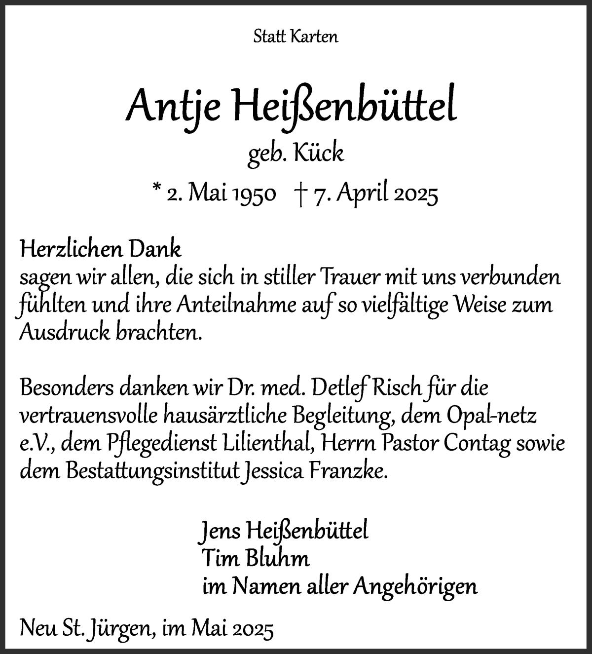 Traueranzeige von Antje Heißenbüttel von Wuemme Zeitung