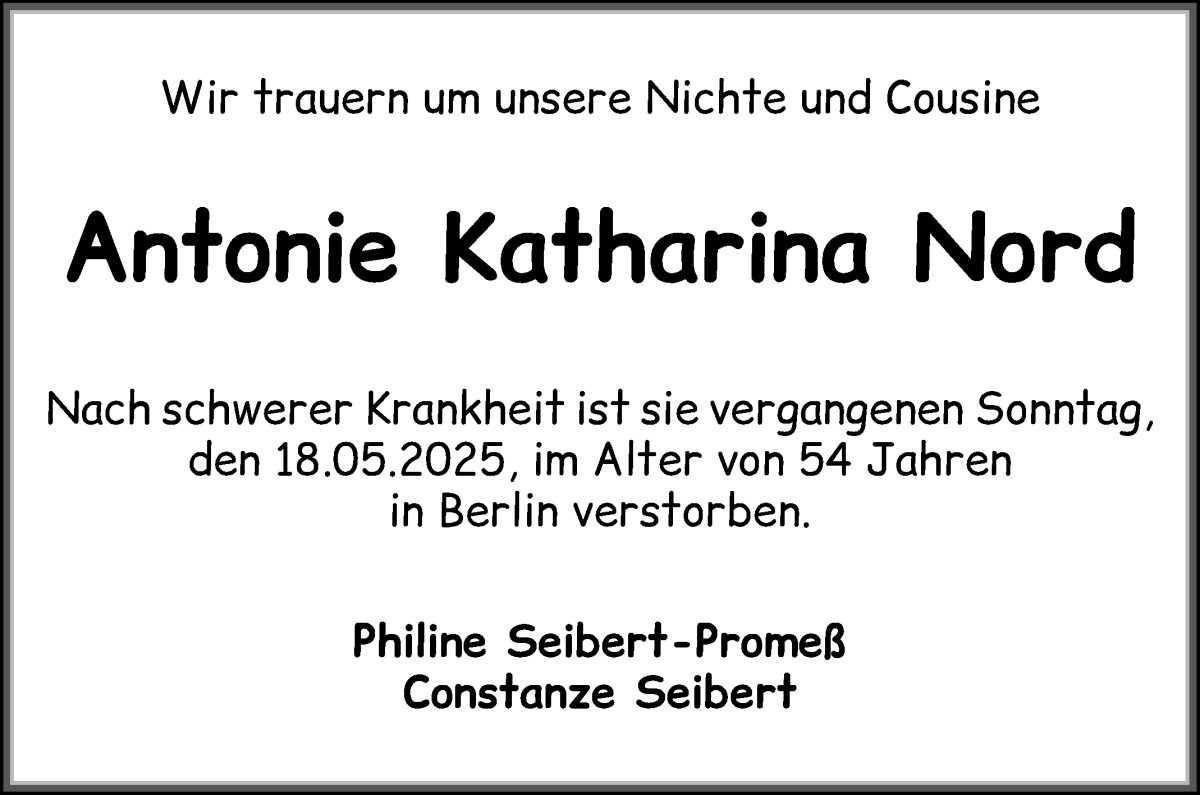 Traueranzeige von Antonie Katharina Nord von WESER-KURIER