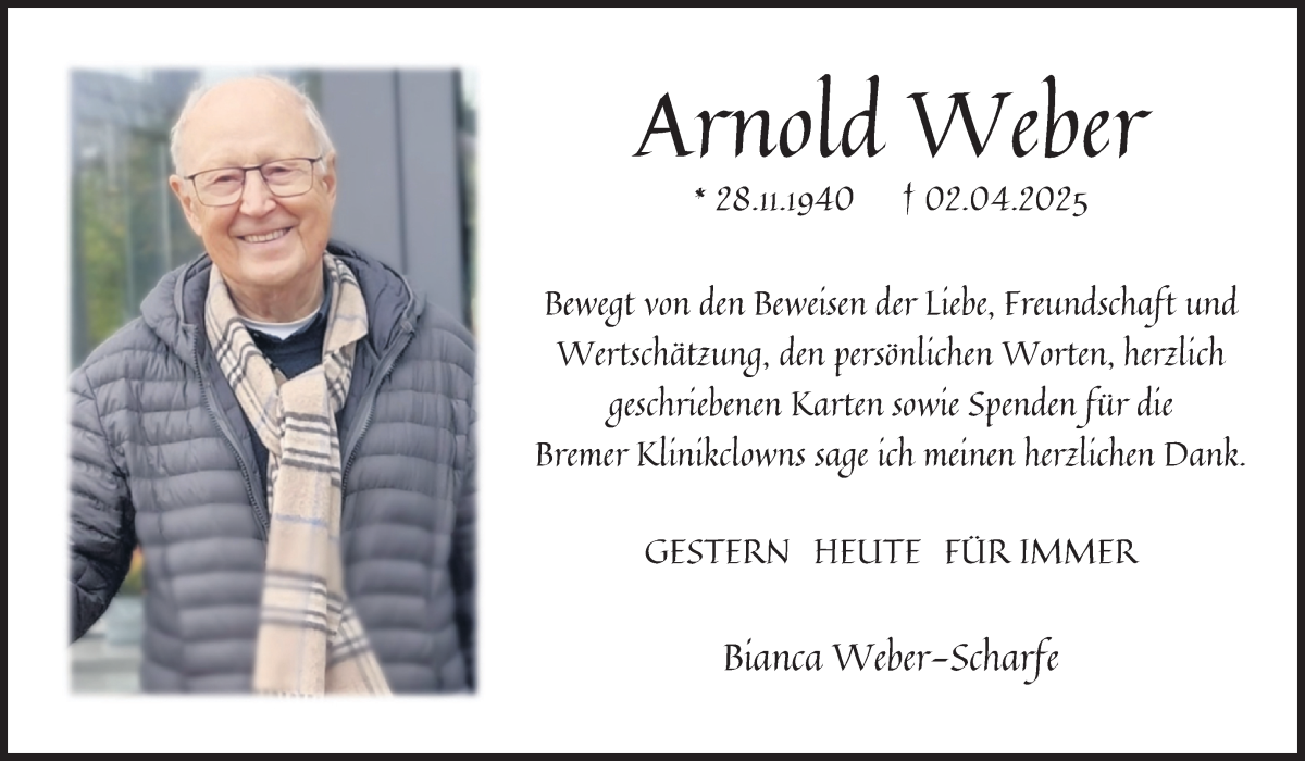 Traueranzeige von Arnold Weber von Die Norddeutsche