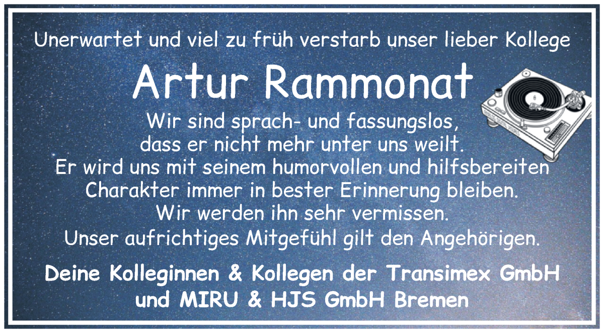 Traueranzeige von Artur Rammonat von WESER-KURIER