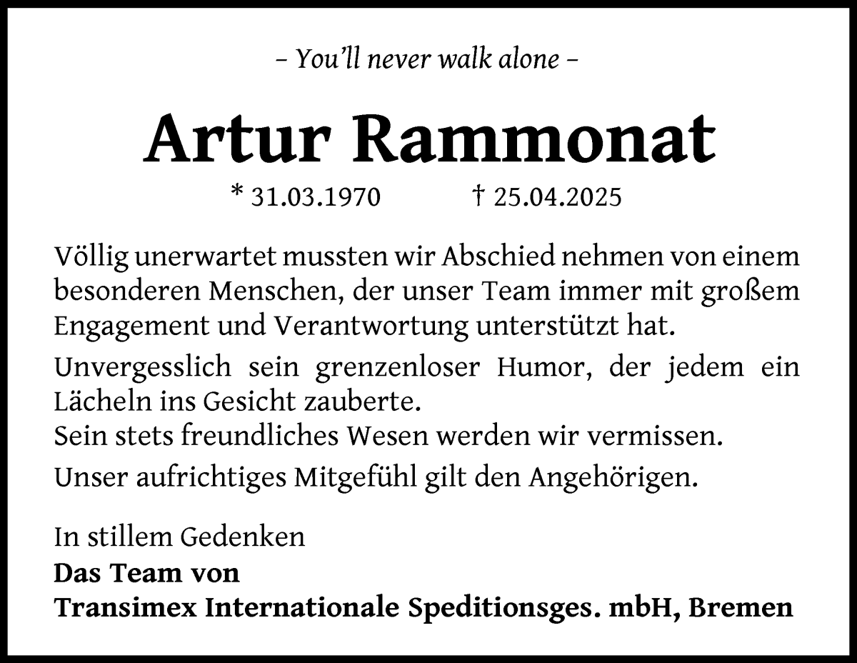 Traueranzeige von Artur Rammonat von WESER-KURIER