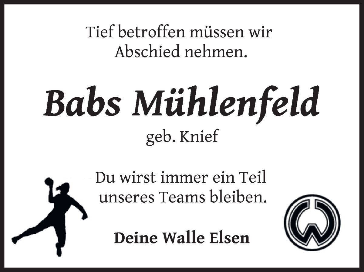 Traueranzeige von Babs Mühlenfeld von WESER-KURIER