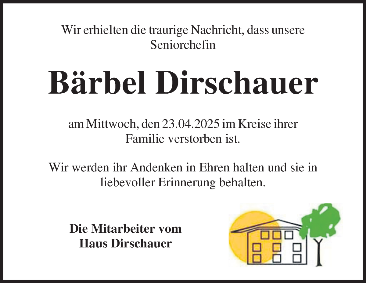 Traueranzeige von Bärbel Dirschauer von Osterholzer Kreisblatt