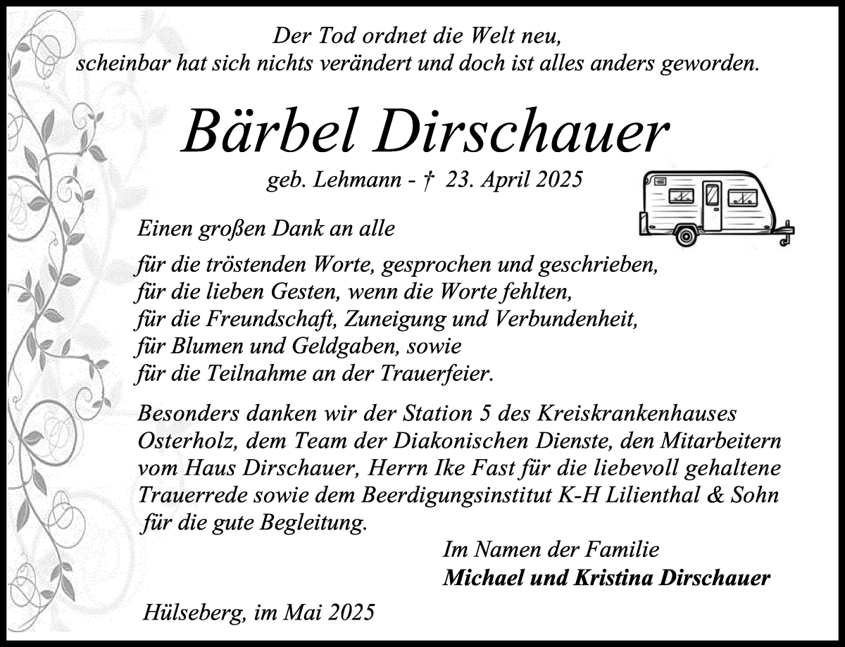 Traueranzeige von Bärbel Dirschauer von Osterholzer Kreisblatt