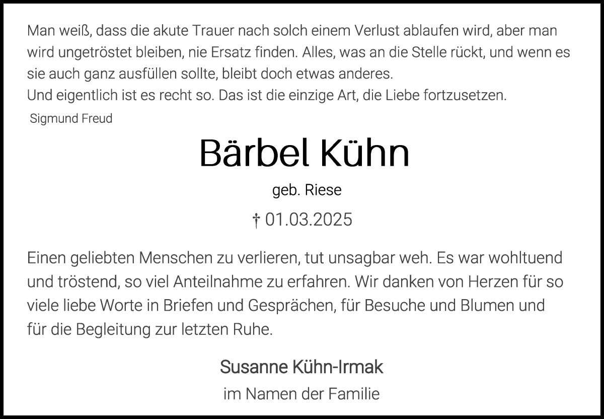 Traueranzeige von Bärbel Kühn von WESER-KURIER
