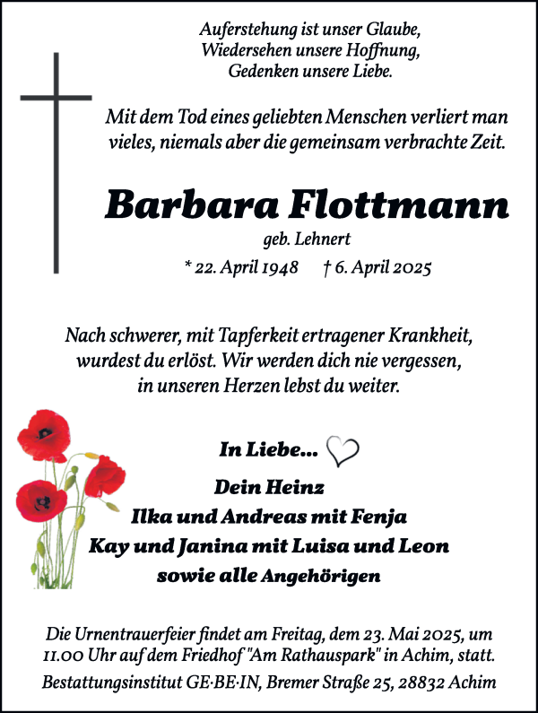 Traueranzeige von Barbara Flottmann von Achimer Kurier/Verdener Nachrichten
