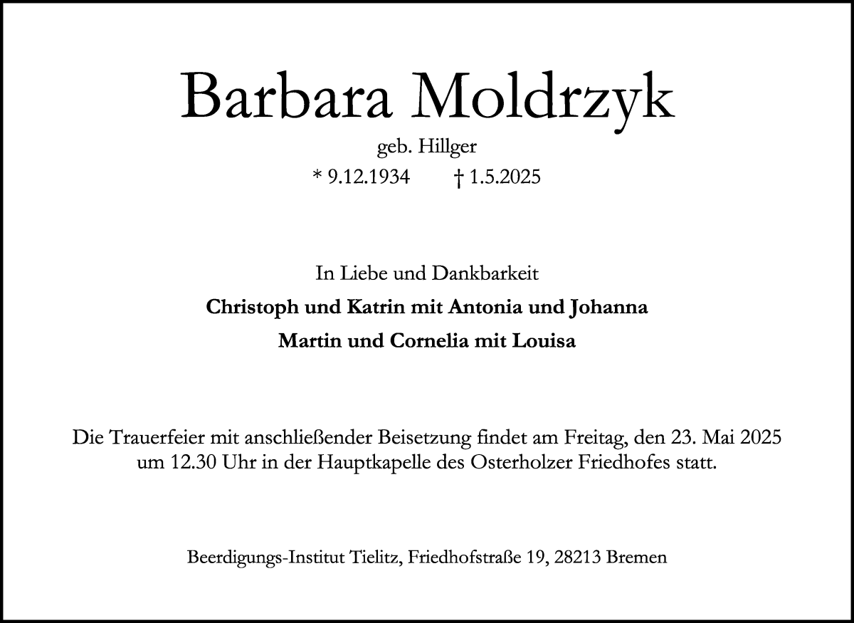 Traueranzeige von Barbara Moldrzyk von WESER-KURIER