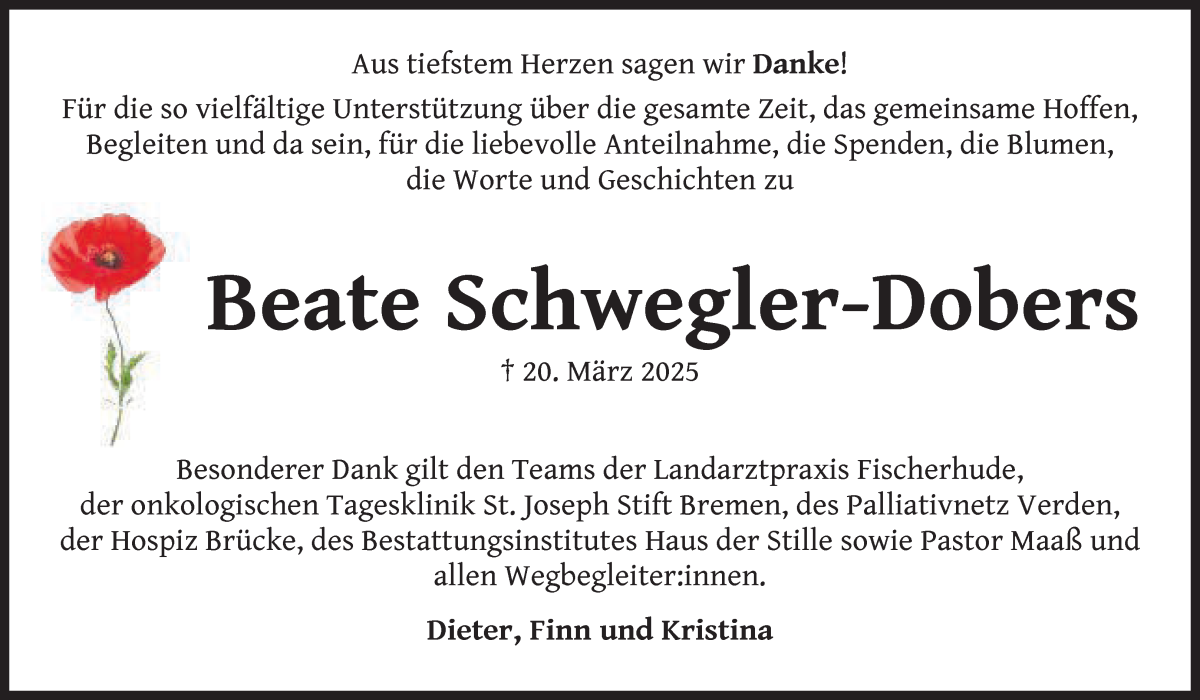 Traueranzeige von Beate Schwegler-Dobers von WESER-KURIER
