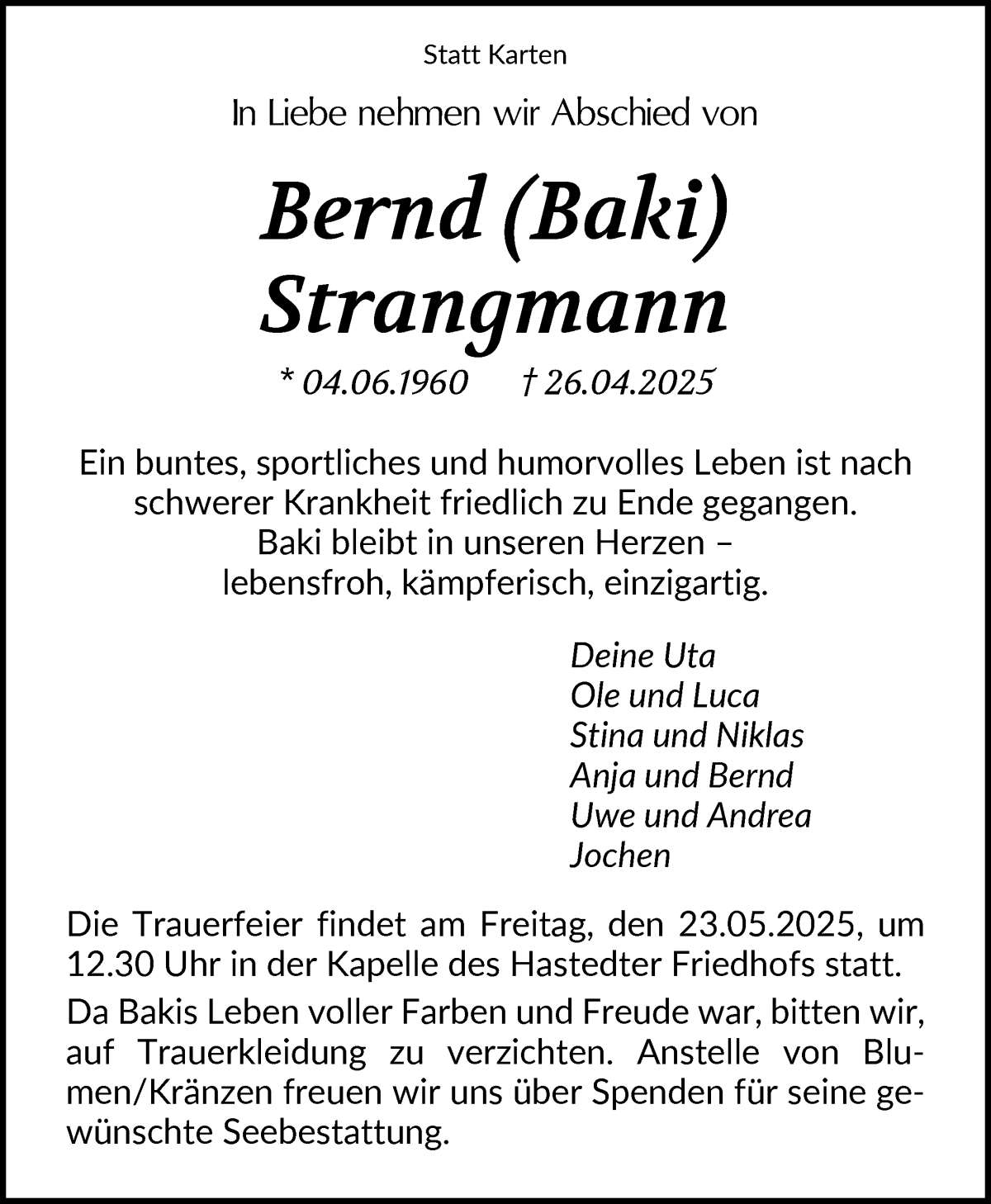 Traueranzeige von Bernd (Baki) Strangmann von WESER-KURIER