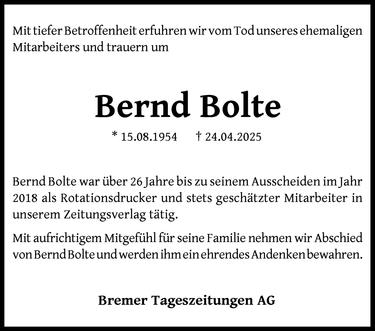 Traueranzeige von Bernd Bolte von WESER-KURIER