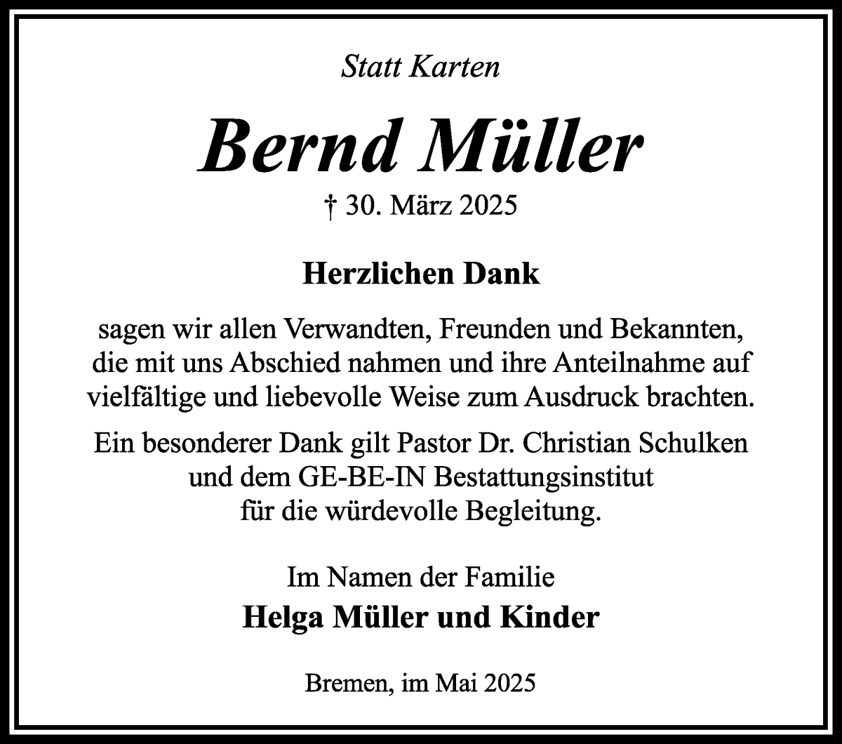 Traueranzeige von Bernd Müller von WESER-KURIER