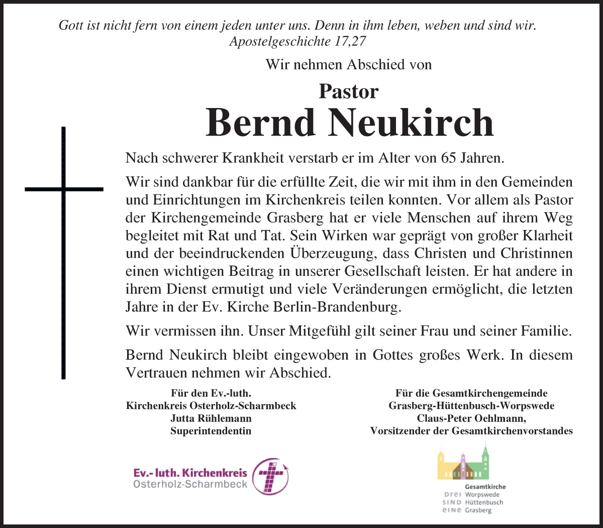 Traueranzeige von Bernd Neukirch von Wuemme Zeitung