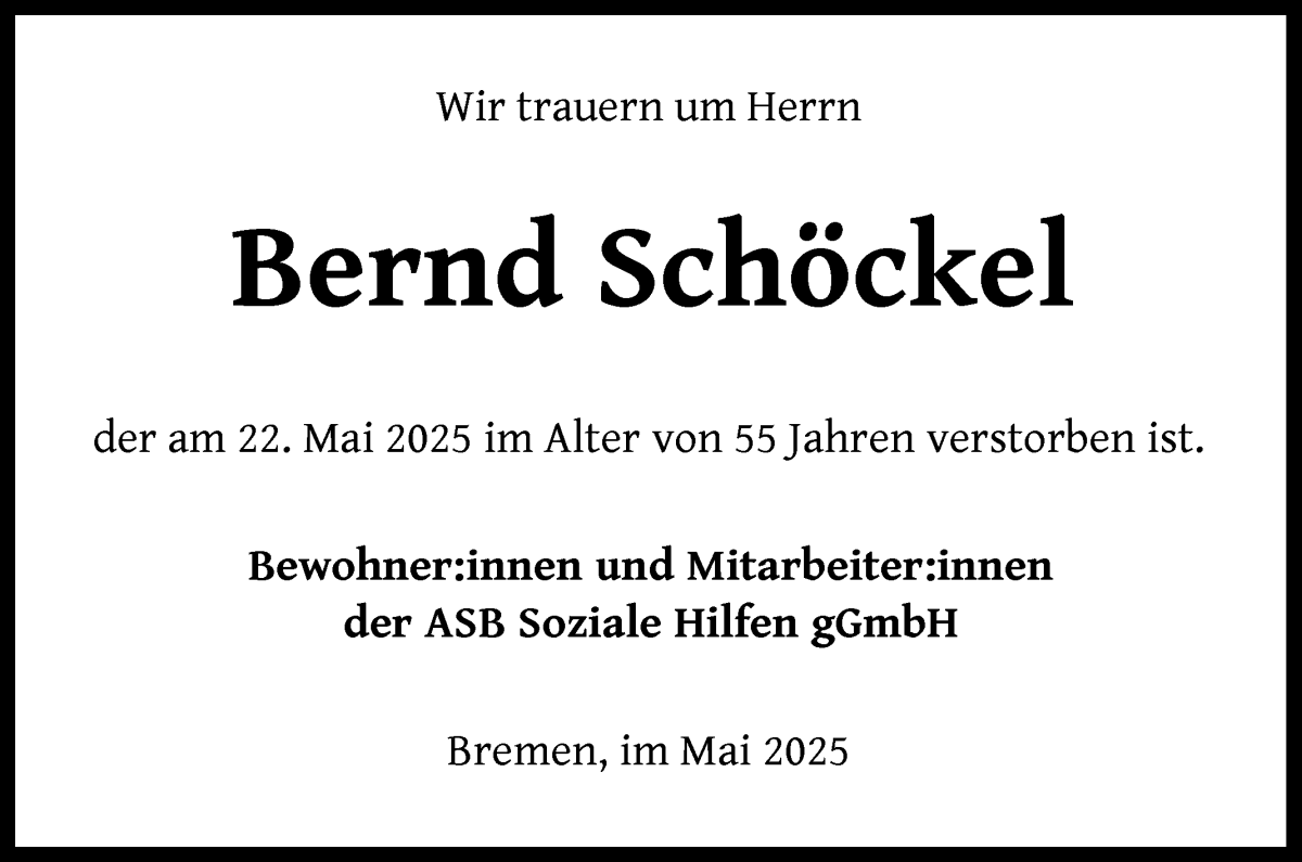 Traueranzeige von Bernd Schöckel von WESER-KURIER
