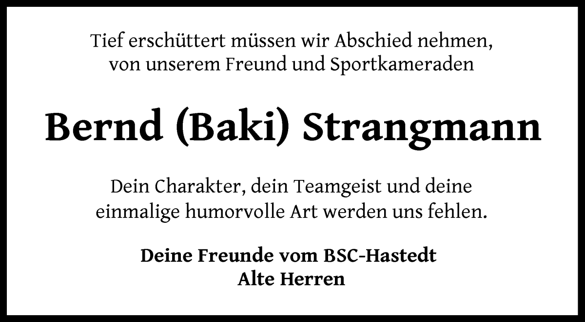 Traueranzeige von Bernd Strangmann von WESER-KURIER