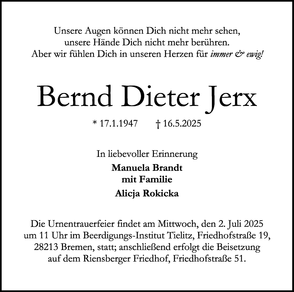 Traueranzeige von Bernd Dieter Jerx von WESER-KURIER