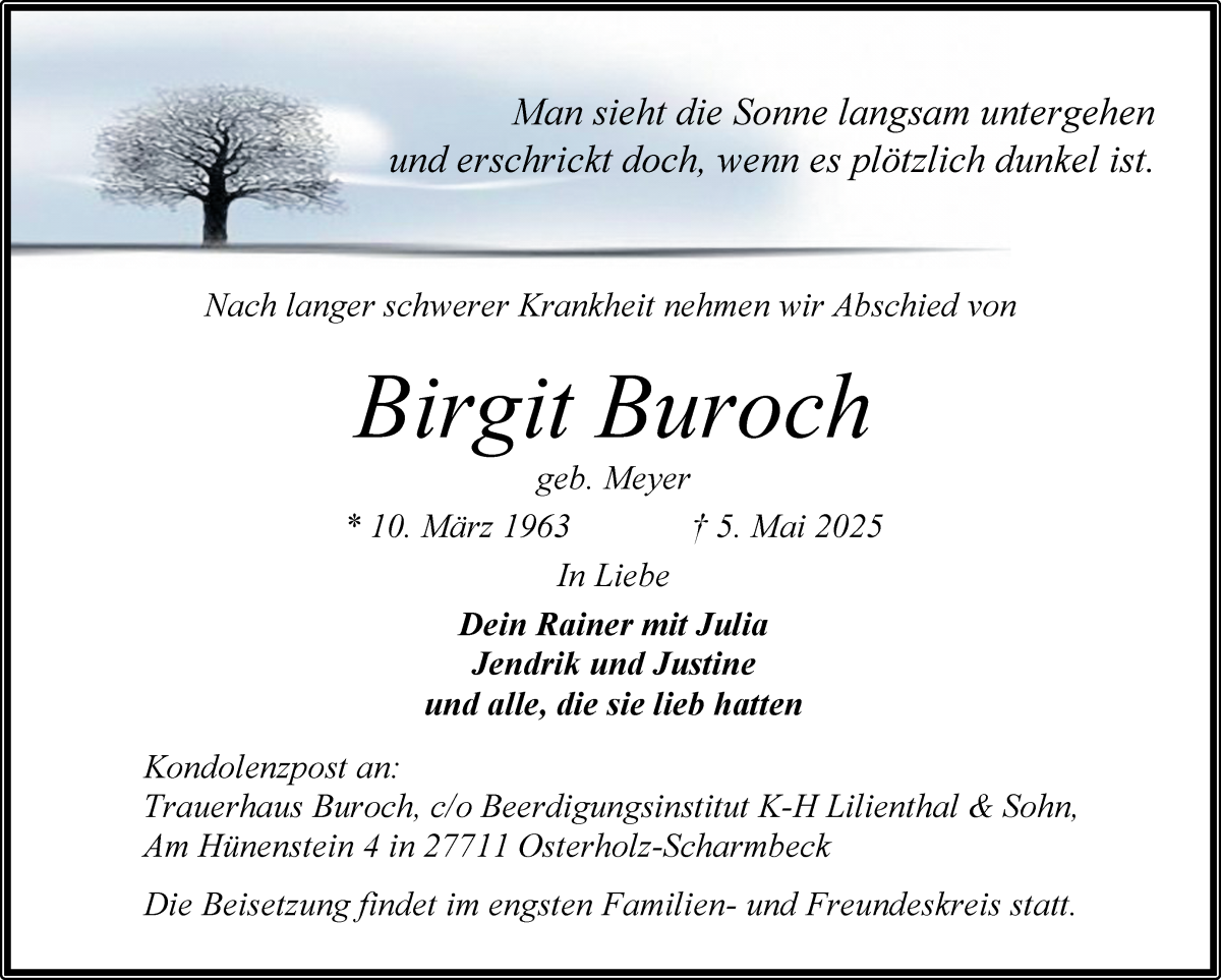 Traueranzeige von Birgit Buroch von Osterholzer Kreisblatt