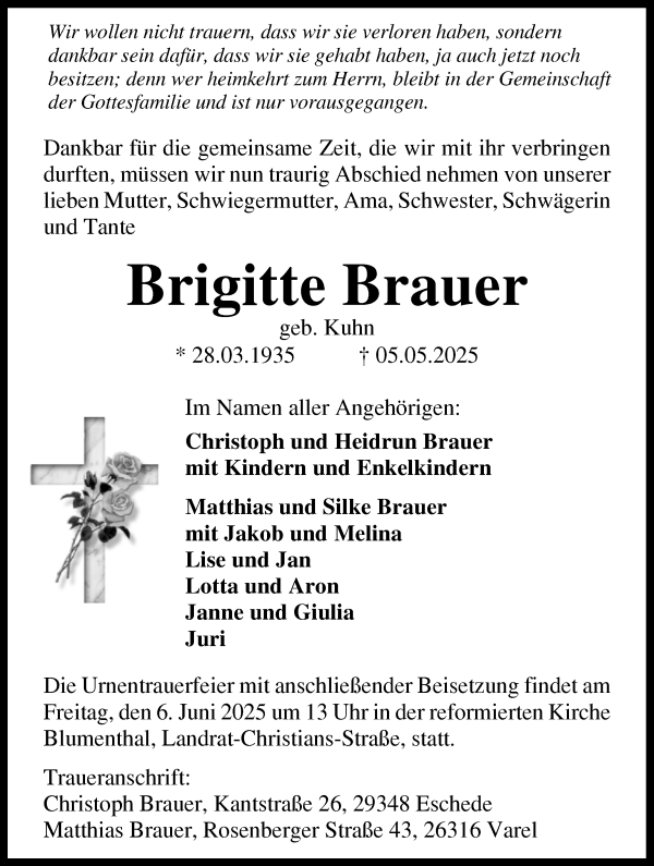 Traueranzeige von Brigitte Brauer von Die Norddeutsche