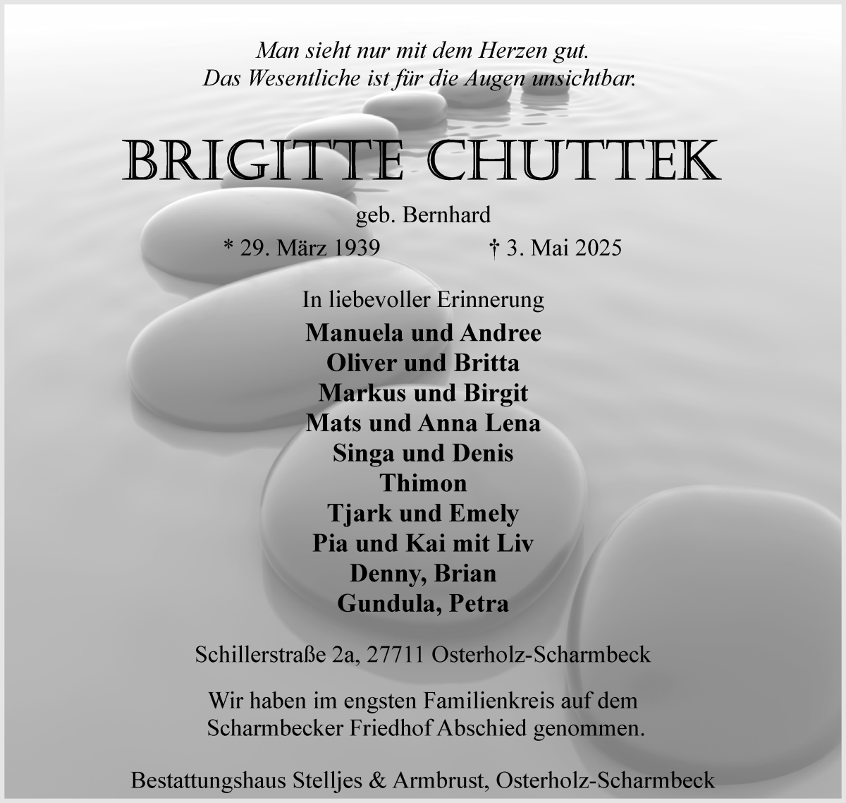 Traueranzeige von Brigitte Chuttek von Osterholzer Kreisblatt