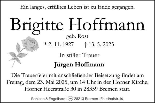 Traueranzeige von Brigitte Hoffmann von WESER-KURIER