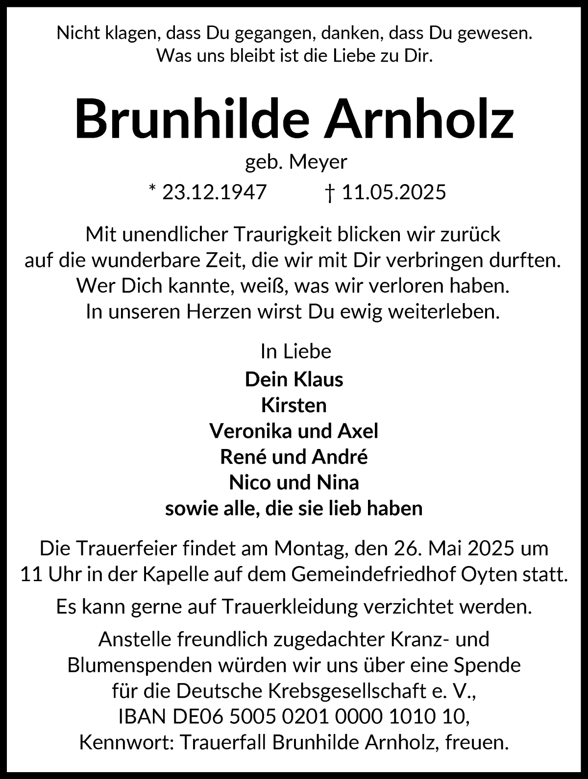 Traueranzeige von Brunhilde Arnholz von WESER-KURIER