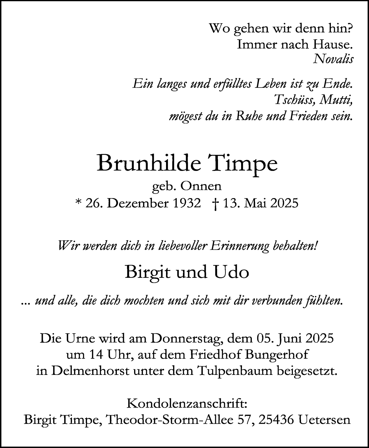 Traueranzeige von Brunhilde Timpe von Delmenhorster Kurier