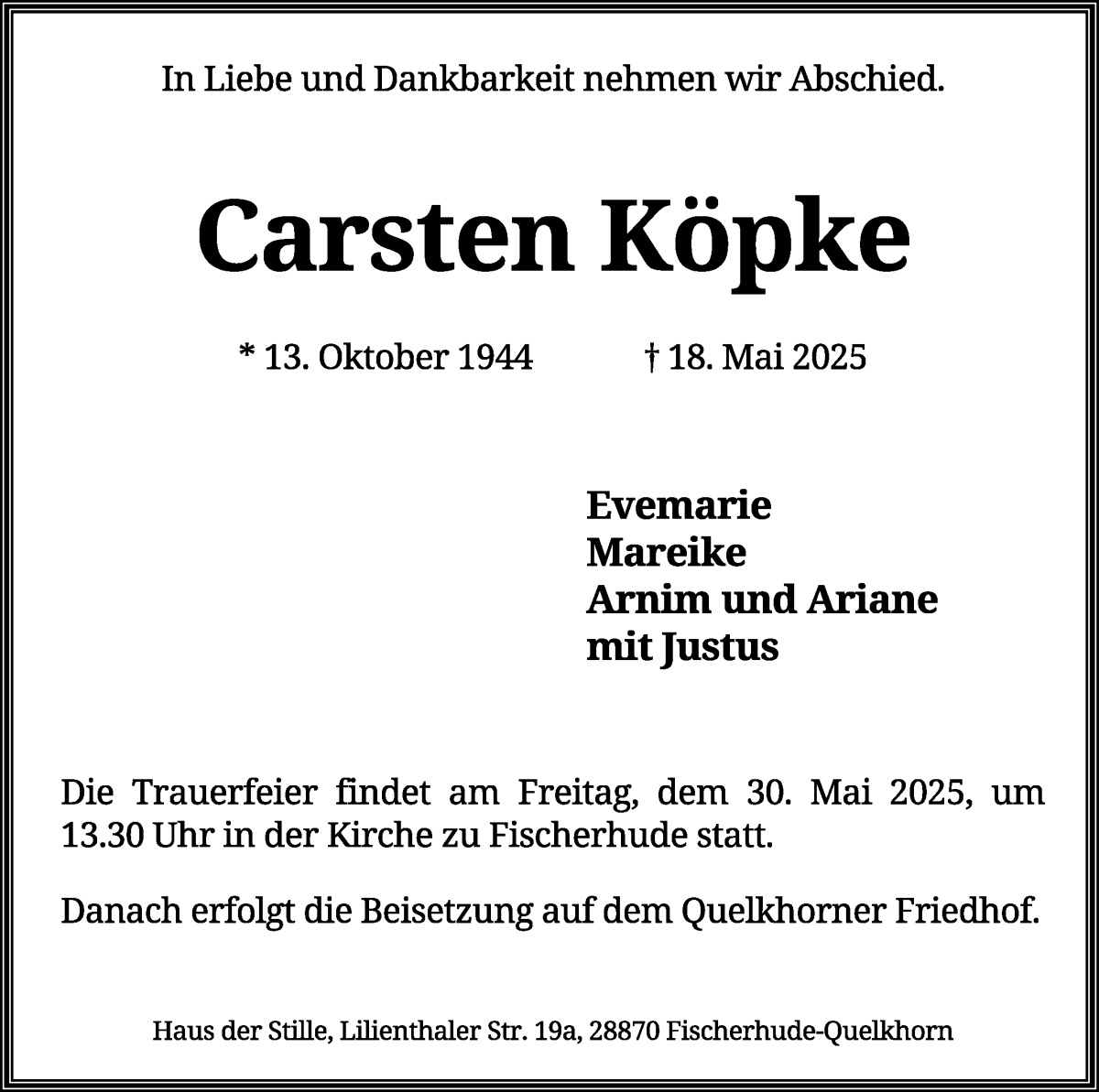 Traueranzeige von Carsten Köpke von WESER-KURIER