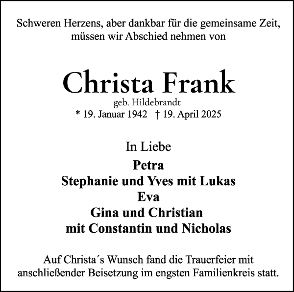 Traueranzeige von Christa Frank von WESER-KURIER