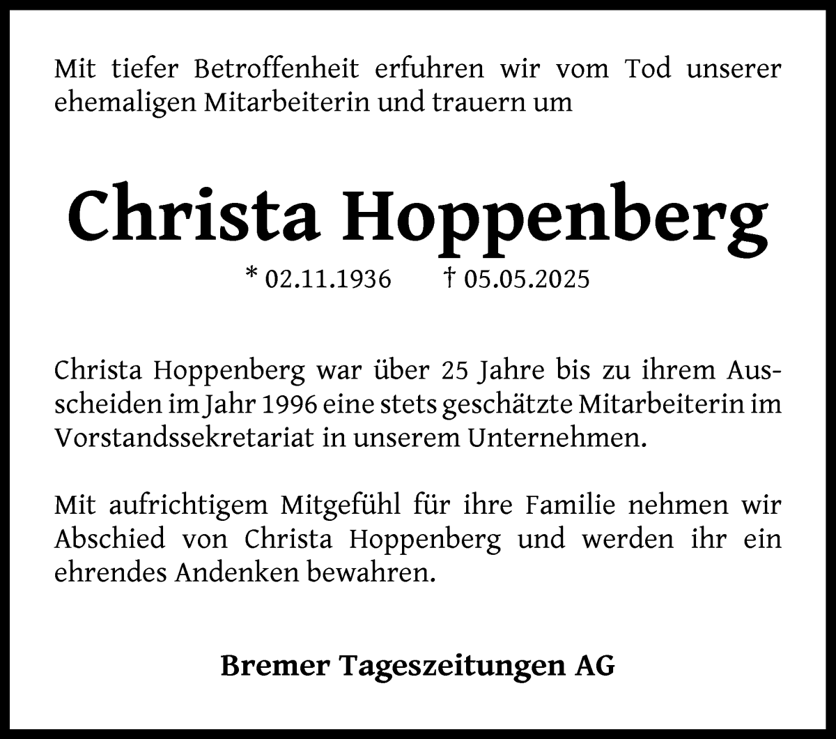 Traueranzeige von Christa Hoppenberg von WESER-KURIER
