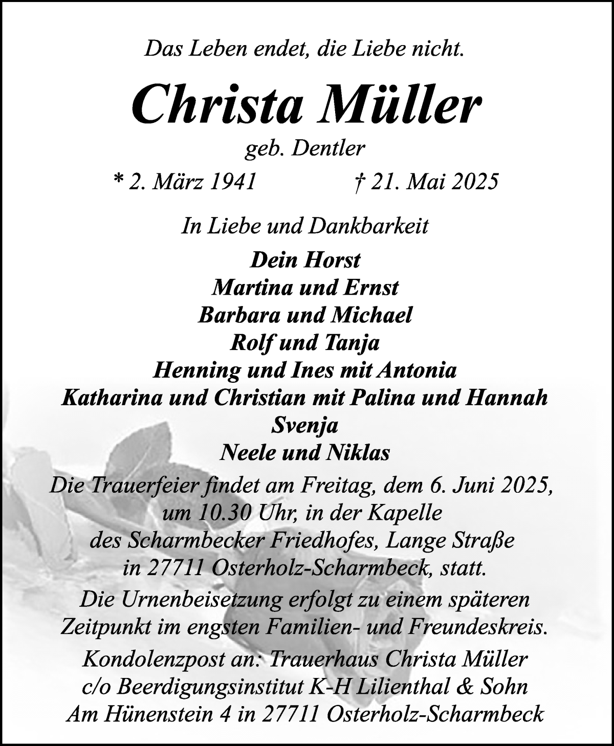 Traueranzeige von Christa Müller von WESER-KURIER