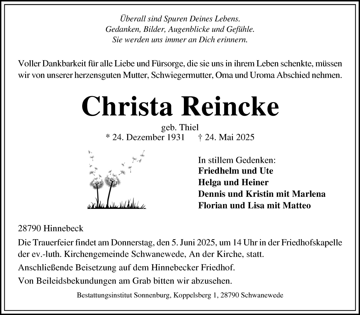 Traueranzeige von Christa Reincke von Die Norddeutsche