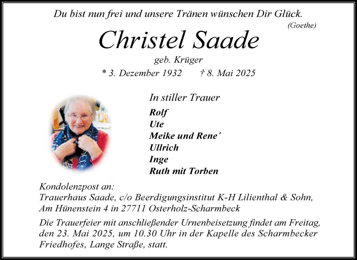 Traueranzeige von Christel Saade von Osterholzer Kreisblatt