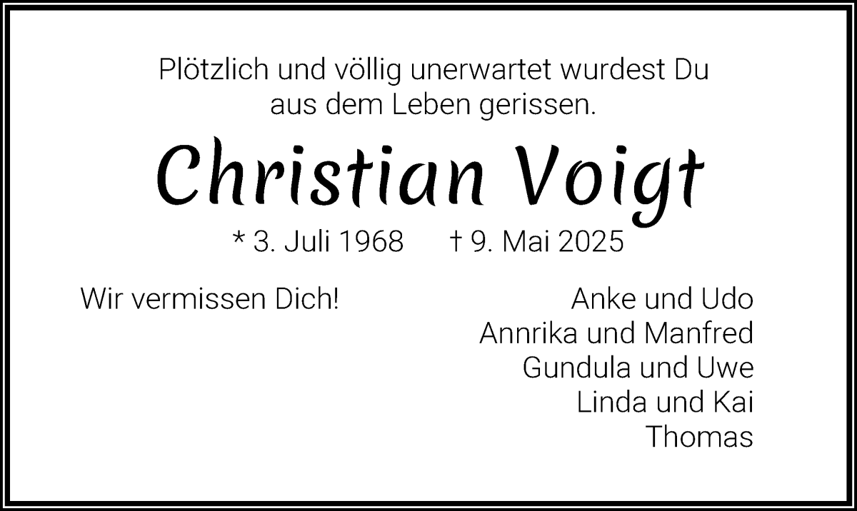 Traueranzeige von Christian Voigt von WESER-KURIER