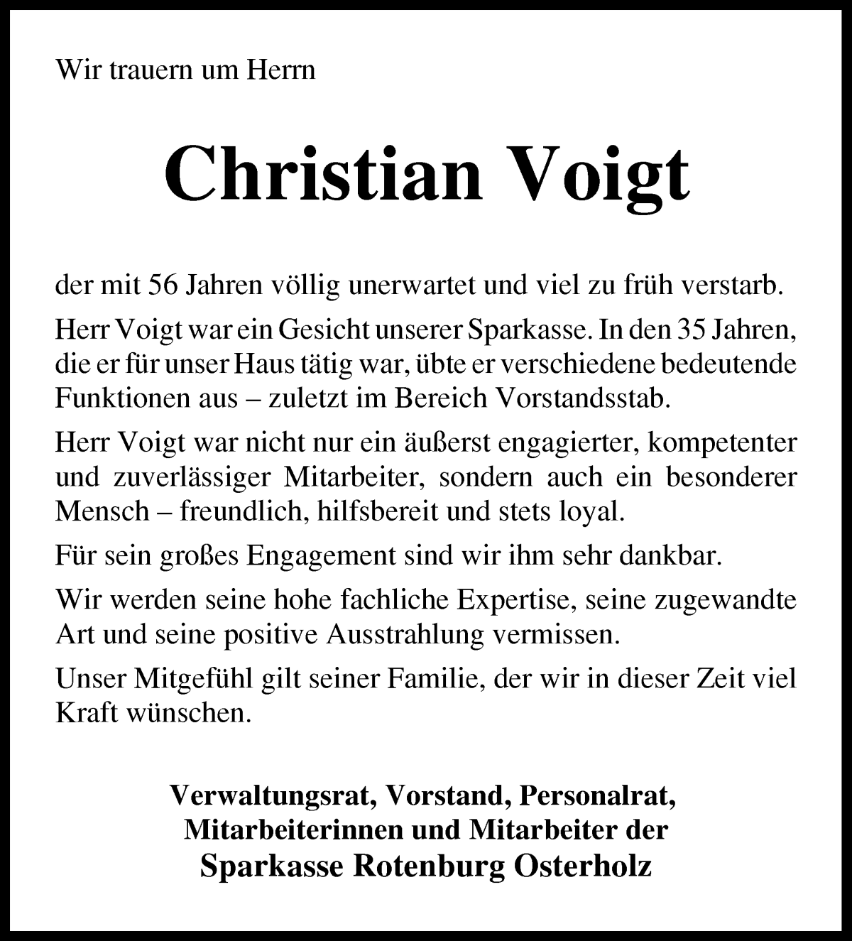 Traueranzeige von Christian Voigt von WESER-KURIER