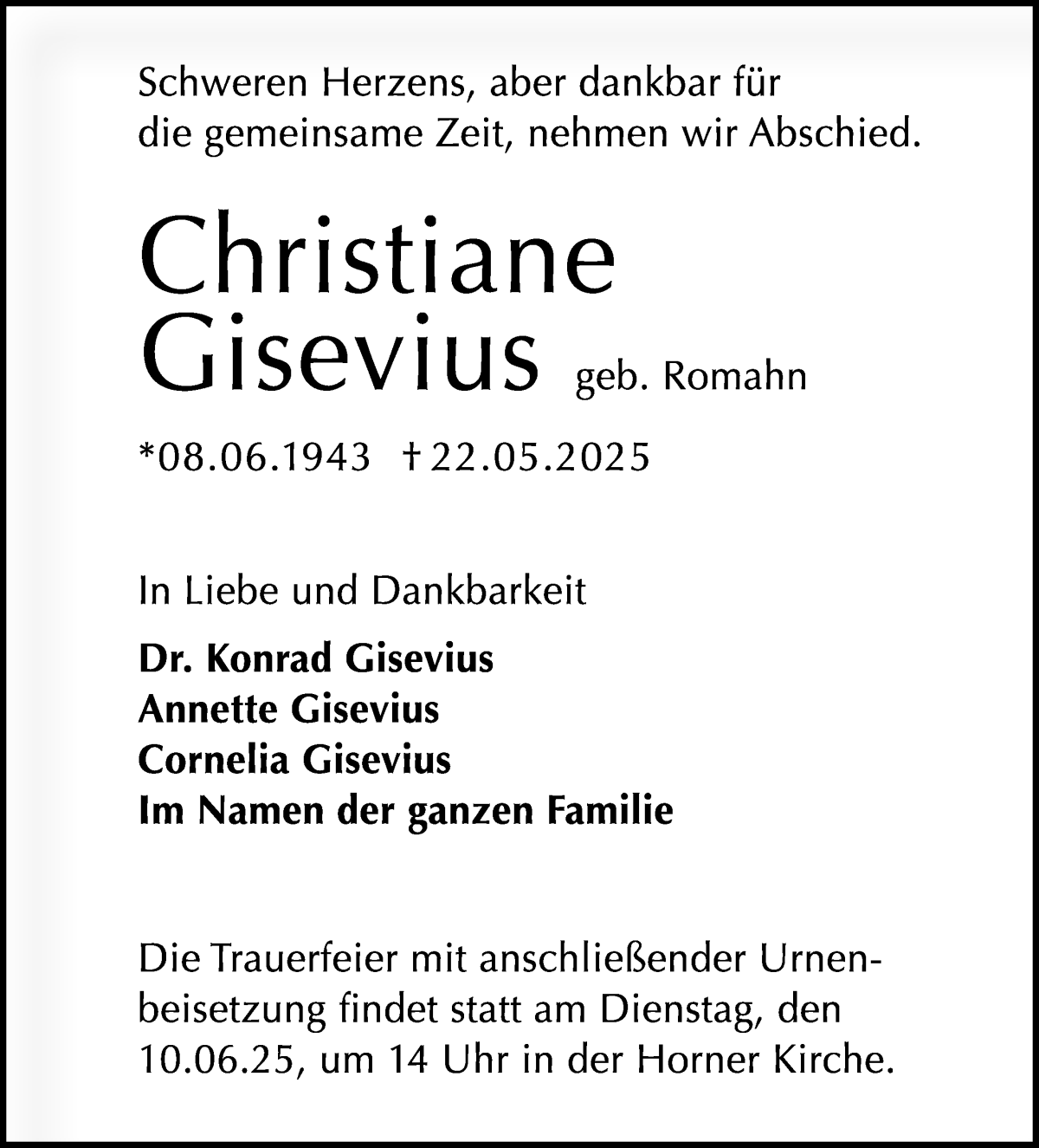Traueranzeige von Christiane Gisevius von WESER-KURIER