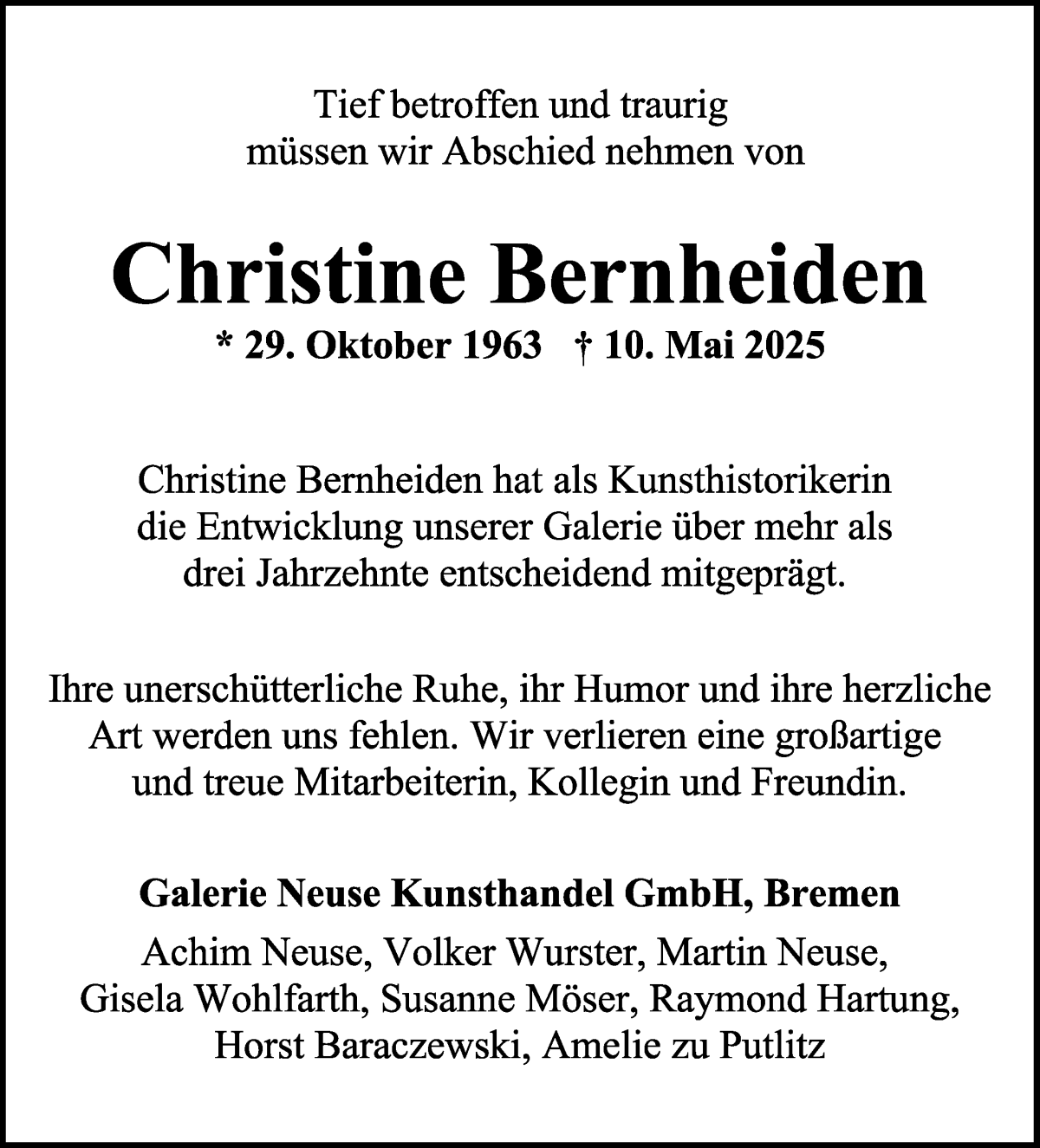 Traueranzeige von Christine Bernheiden von WESER-KURIER