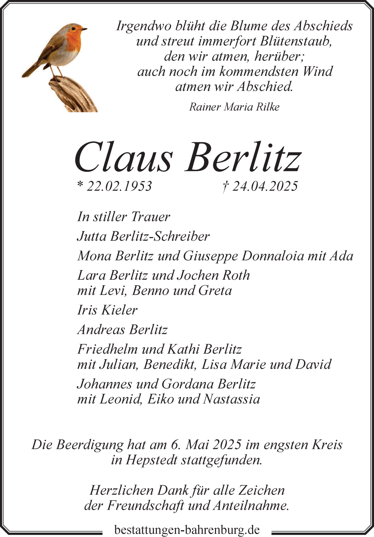 Traueranzeige von Claus Berlitz von Wuemme Zeitung
