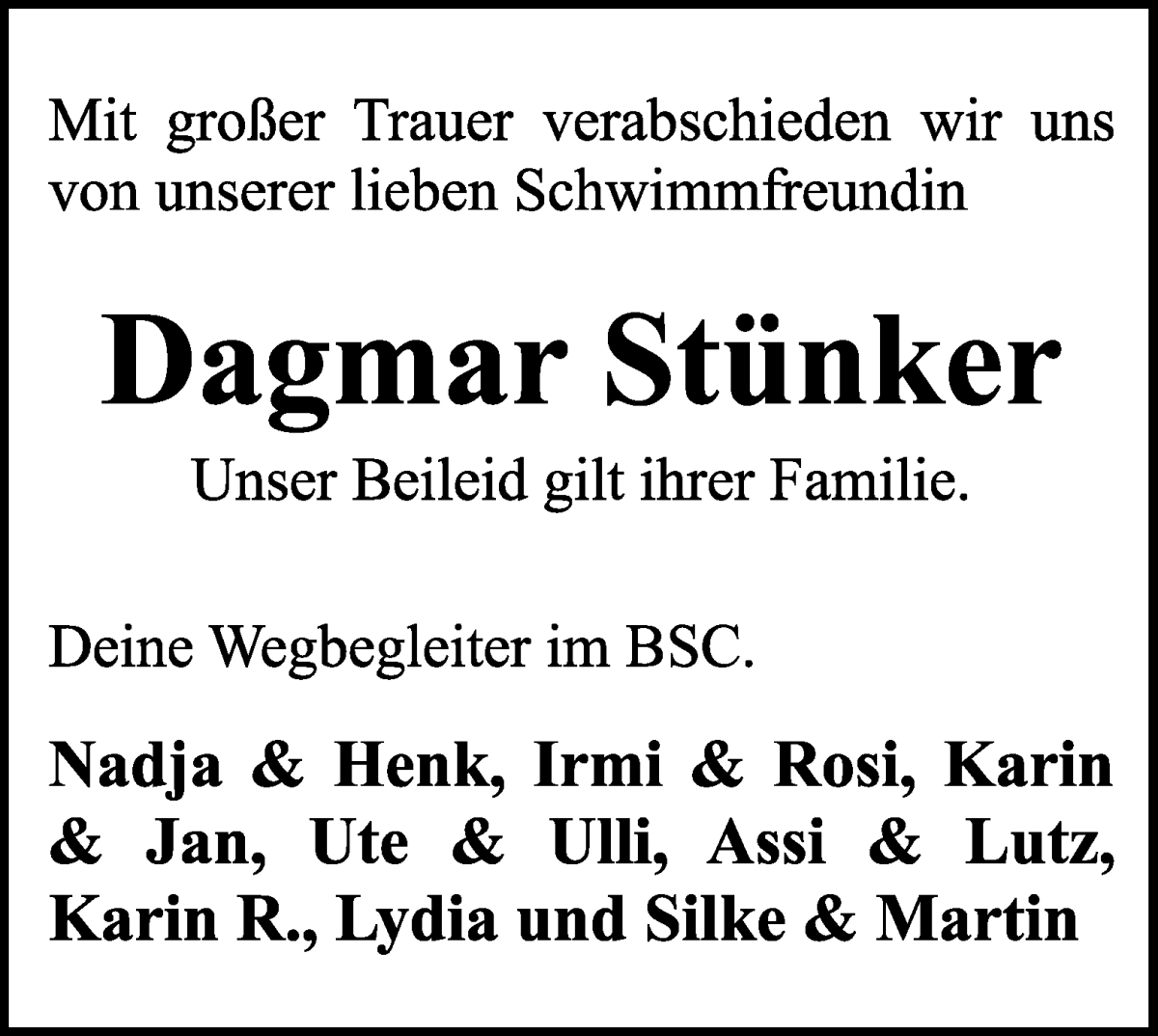 Traueranzeige von Dagmar Stünker von WESER-KURIER