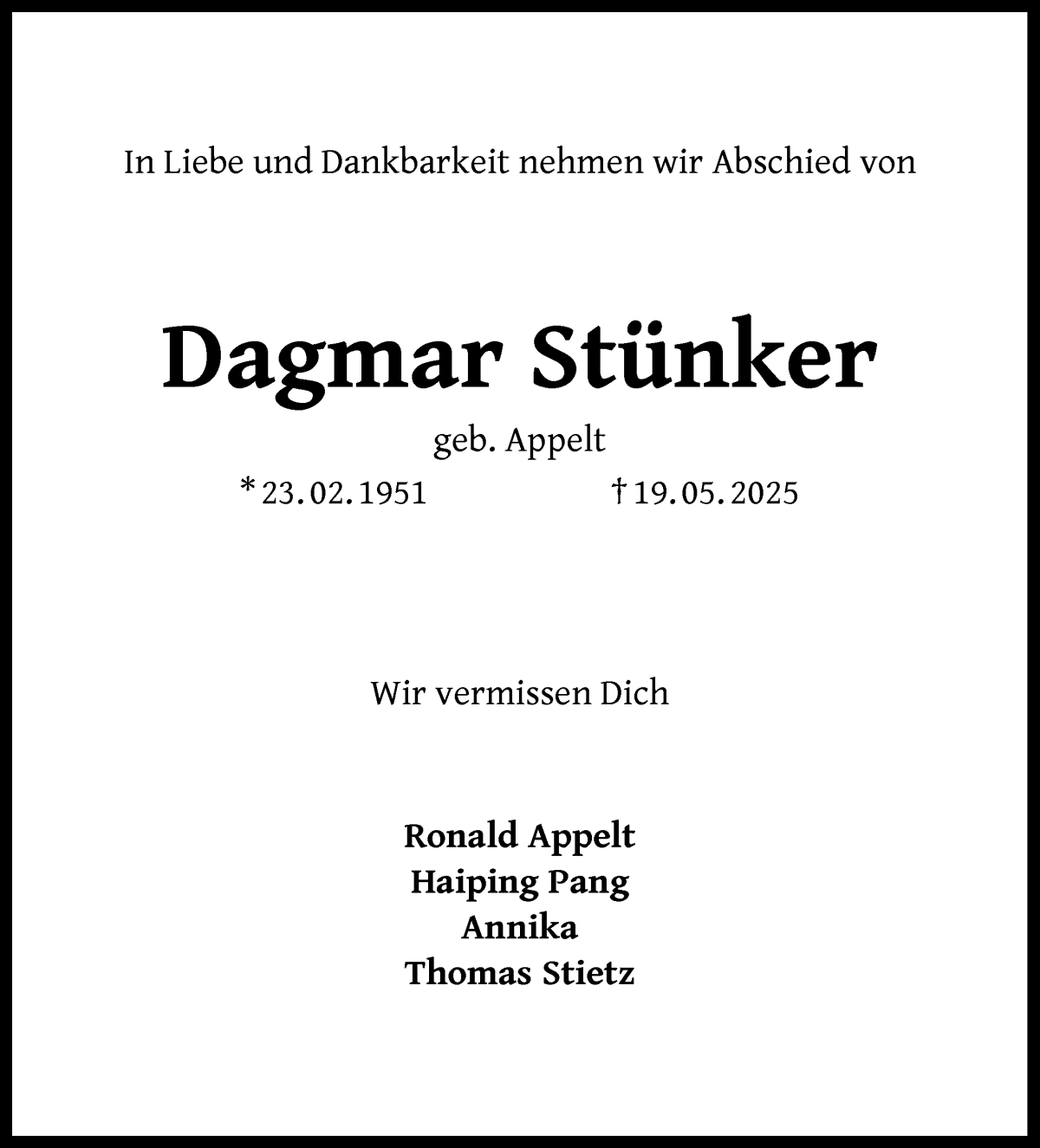 Traueranzeige von Dagmar Stünker von WESER-KURIER