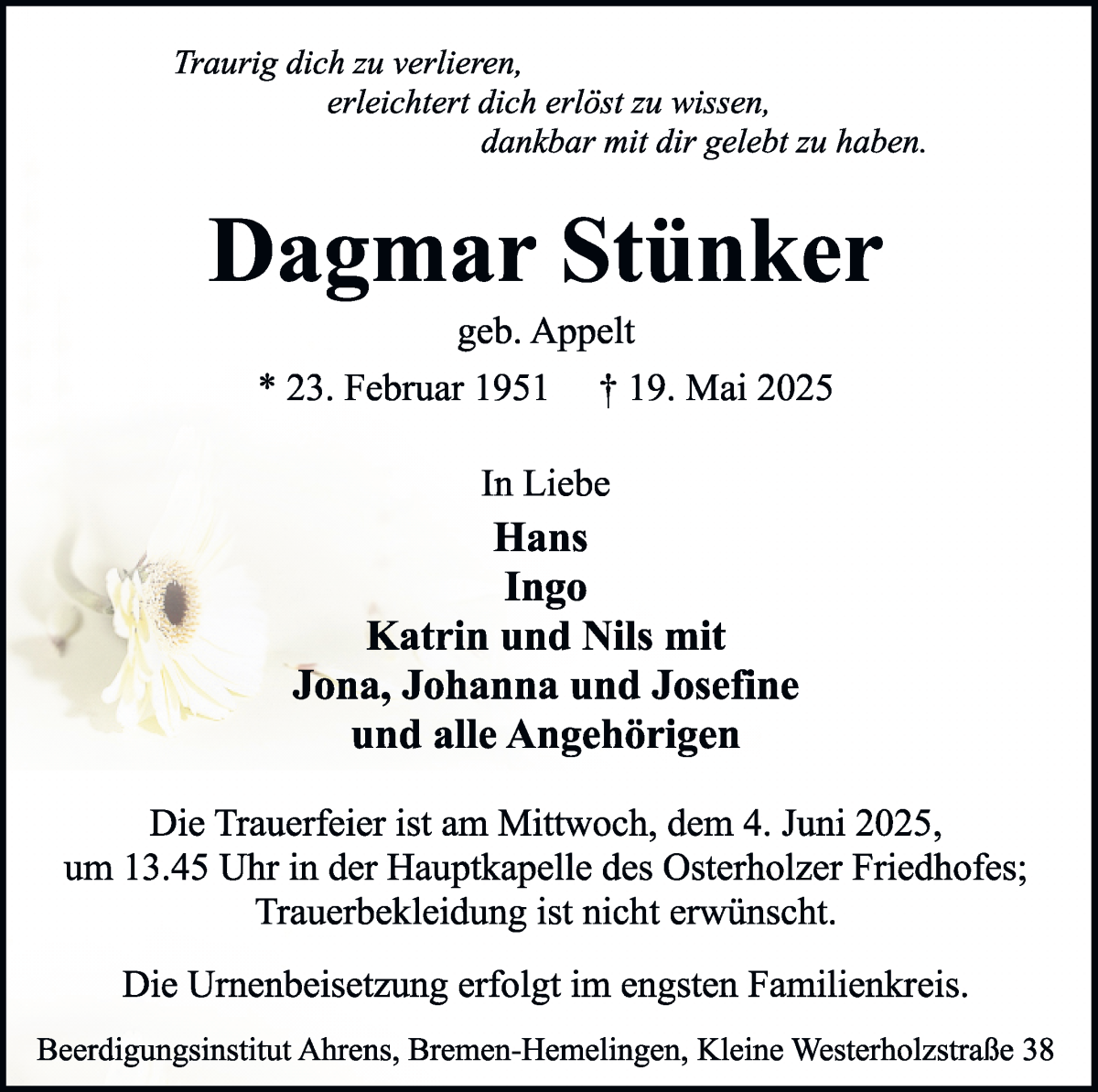 Traueranzeige von Dagmar Stünker von WESER-KURIER