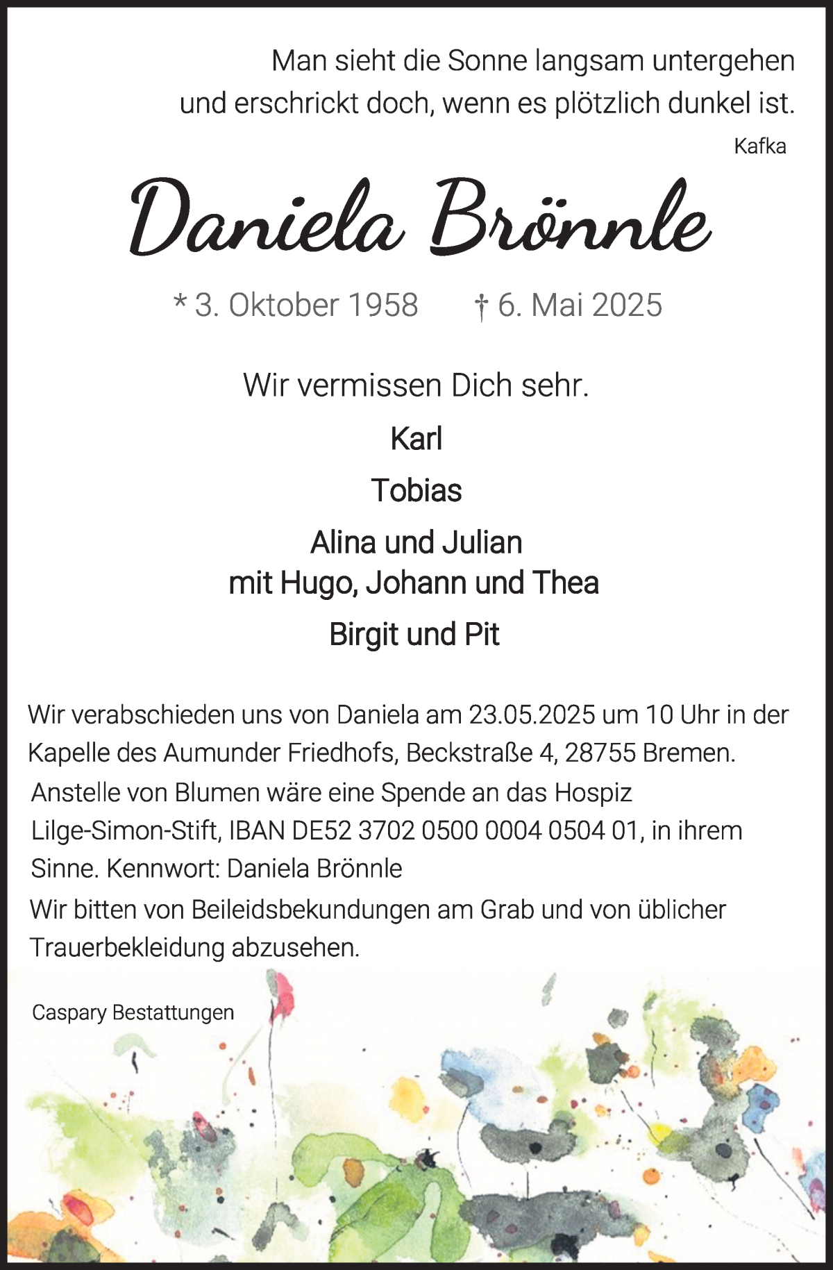 Traueranzeige von Daniela Brönnle von Die Norddeutsche